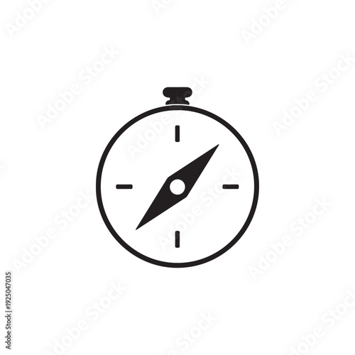 Simple black and white illustration of a compass with a needle pointing to the right  used for navigation and direction