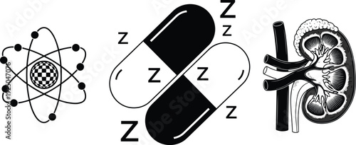 Medical science symbols with atom capsule and kidney anatomy illustration isolated on white background vector set