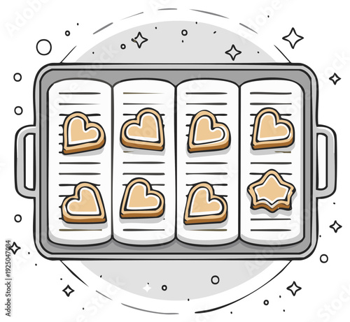 Heart shaped cookies baking on a sheet pan fresh from the oven cartoon image of baked cookies for holidays or special events
