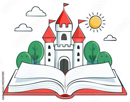 Fairytale Castle Emerges From Open Book Illustrating Imagination and Storytelling