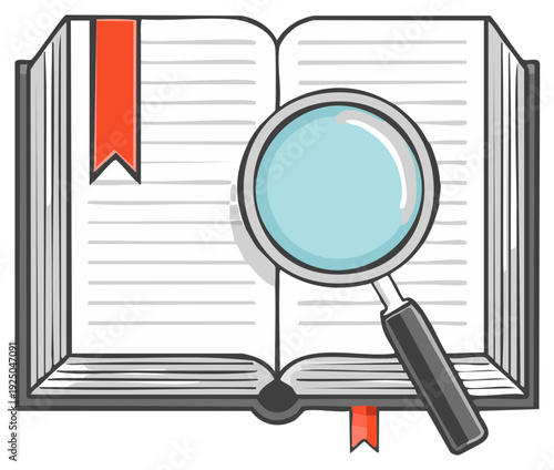 Magnifying Glass Over Open Book Page With Bookmark Exploring Knowledge