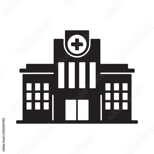 Simple black and white illustration of a hospital building with a medical cross on top  medical facility icon