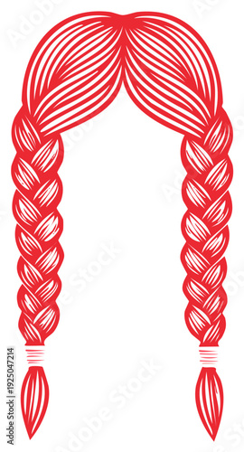 Red Hair Braids with Bangs, Vector Illustration