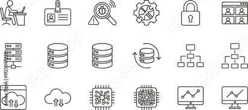 Data Security and Cloud Computing Icon Set with Server Database Network Analytics and Technology Elements Vector