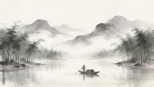 Traditional Chinese ink landscape painting depicting a serene river with mist, mountains, bamboo groves, and a boat with a figure. Emphasizes tranquility and natural beauty.
