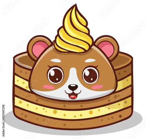 Cute cartoon hamster cake with yellow frosting and layers, whimsical dessert illustration.