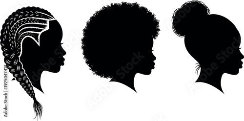 Black woman profile silhouette set with diverse African American hairstyles including braids afro and bun for beauty and hair designs