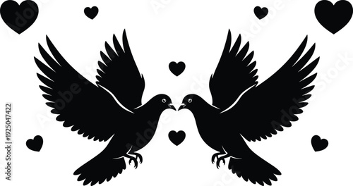Romantic bird couple silhouette with spread wings and hearts isolated on white background love vector illustration