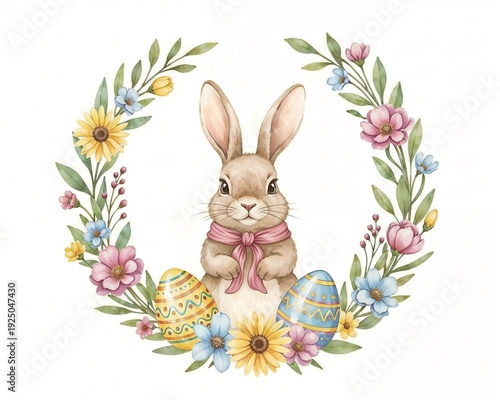 Watercolor Easter bunny with colorful eggs nestled in a floral wreath, creating a cheerful springtime scene  