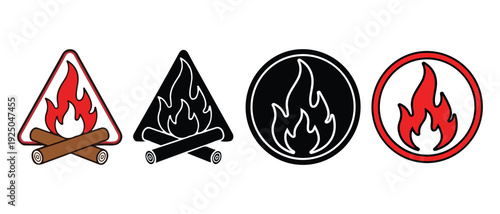 Fire warning signs and flame icons for safety and caution  set of four