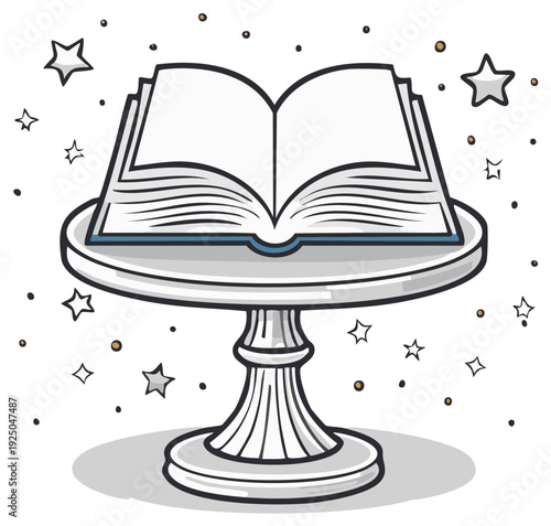 Open book on pedestal table surrounded by stars, illustration style, magic