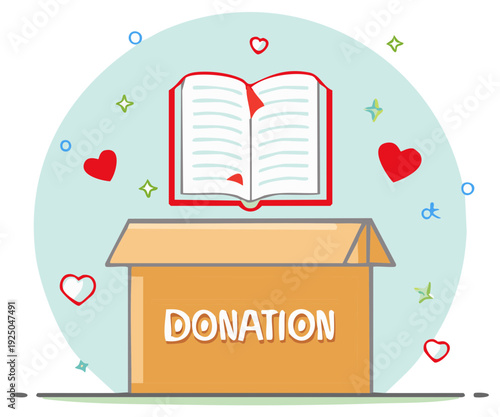 Donation box and opened book with hearts charity concept illustration