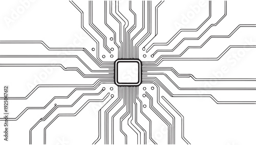 Abstract illustration of a circuit board with radiating pathways and central component