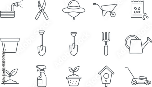 Gardening line icon set with tools plants equipment watering can lawn mower outline collection