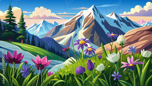 Very beautiful alpine flowers in close-up with snow-capped peaks of Rocky Mountains softly rising beyond, expressing fresh mountain air and serene wilderness.
