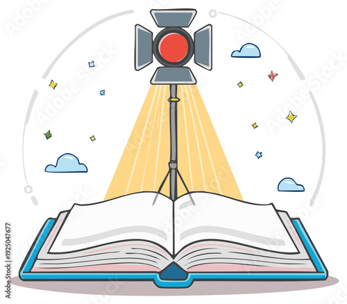 Spotlight on Storytelling Concept with Open Book, Idea Generation, Education