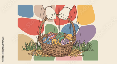 A basket filled with colorful decorated Easter eggs held by hands in a minimalist vector style, ideal for spring holiday designs