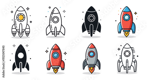 A collection of colorful rocket illustrations in flat modern vector style, perfect for technology and space exploration projects
