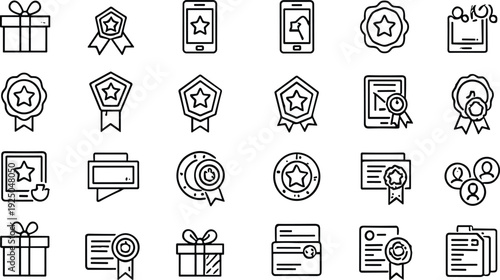 Reward Achievement and Award Line Icons Set Certificate Badge Gift Mobile App Outline Vector Collection