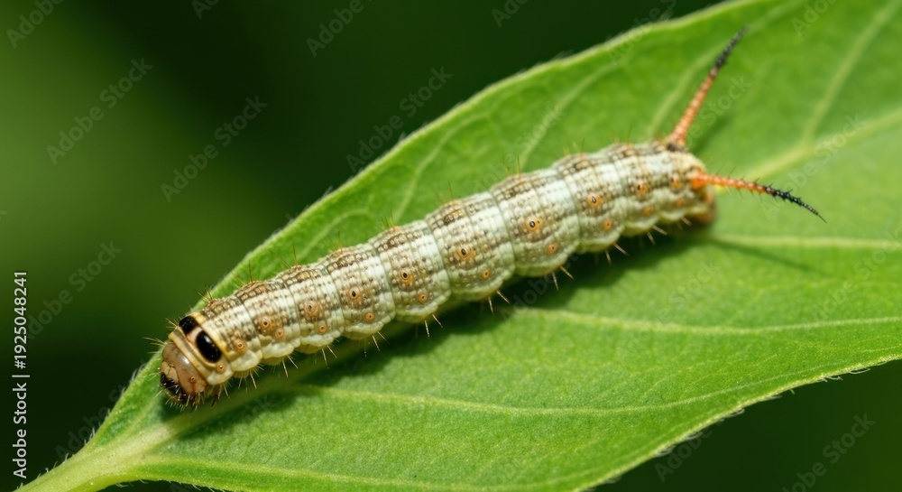 Fototapeta premium Close-up of a light green caterpillar with orange and black markings on a vibrant green leaf