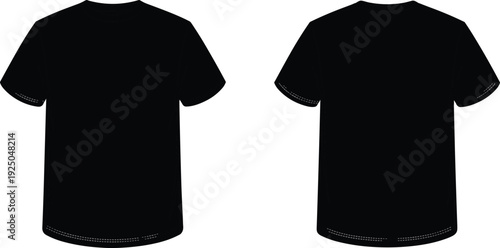 Black blank t-shirt front and back view mockup isolated on white background, empty template for custom design, apparel branding presentation