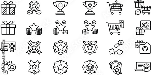 Rewards and Shopping Line Icons Set with Trophies Stars Coins Gifts and Carts Vector Illustration