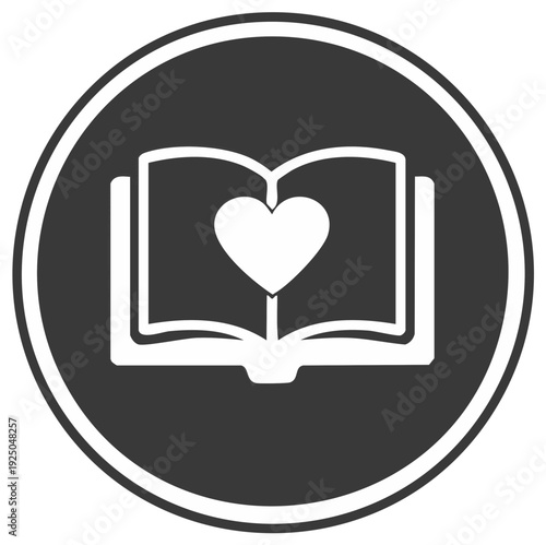 Open book with heart symbol inside a circular emblem, love and reading concept, white illustration on dark gray.
