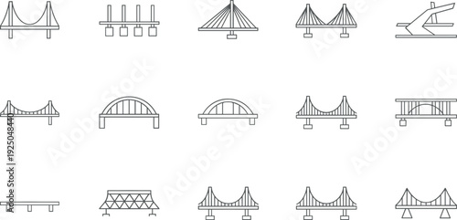 Minimal Bridge Icon Set Featuring Suspension Arch Beam and Modern Infrastructure Designs in Clean Outline Vector Style