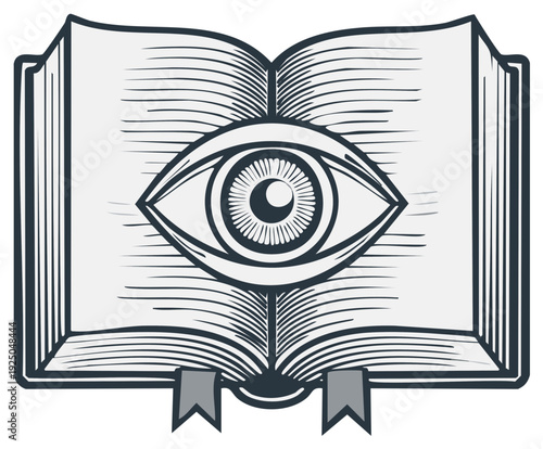 Open book with eye illustration for occult symbols and mysterious knowledge