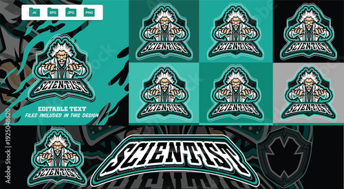 Scientist mascot logo design shield emblem with wild white hair, goggles, haired genius in lab coat holding bubbling beakers in a dramatic pose editable vector concept. 