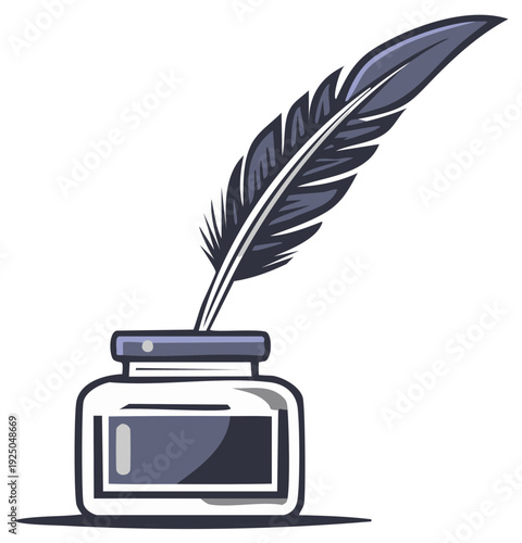 Cartoon inkwell with quill pen, writing instrument illustration.