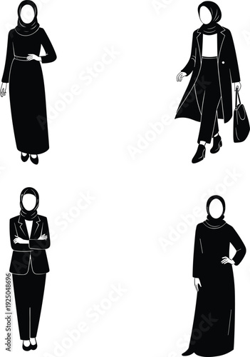 Muslim women silhouettes set in hijab and abaya, modest fashion vector illustration isolated on white background, elegant female outfit collection for design