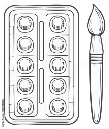 Watercolor palette and brush illustration isolated drawing for coloring book and creativity project