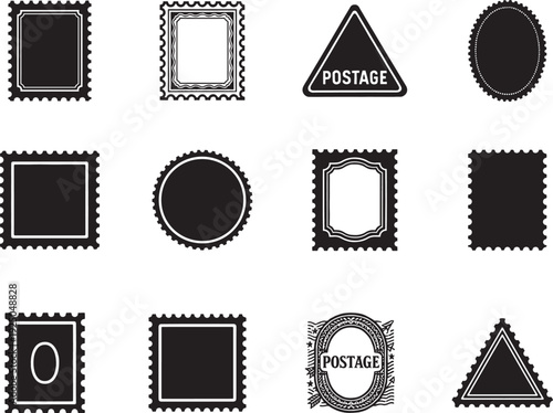   Black retro stamp silhouette collection with triangle, rectangle, oval, circle, and square labels.