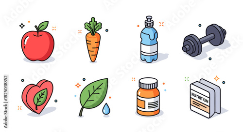 A collection of health and wellness icons including an apple, carrot, water bottle, dumbbell, leaf, vitamin bottle, and nutrition book in flat modern vector style, perfect for health-related projects