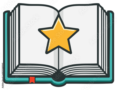 Open Book with Golden Star and Bookmark Graphic Illustration
