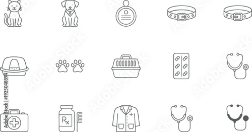 Pet care and veterinary line icon set with dog cat medical equipment and accessories outline collection