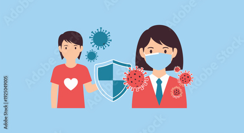 Illustration of Two People Wearing Masks and Practicing Social Distancing