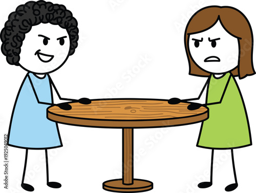 Cartoon women arguing at round table with angry expressions, conflict and disagreement concept illustration isolated on white background