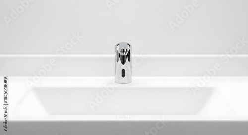 Chrome automatic faucet with black sensor on white sink