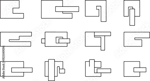 Set of various abstract square shapes with rectangular cutouts and overlaps  graphic design elements