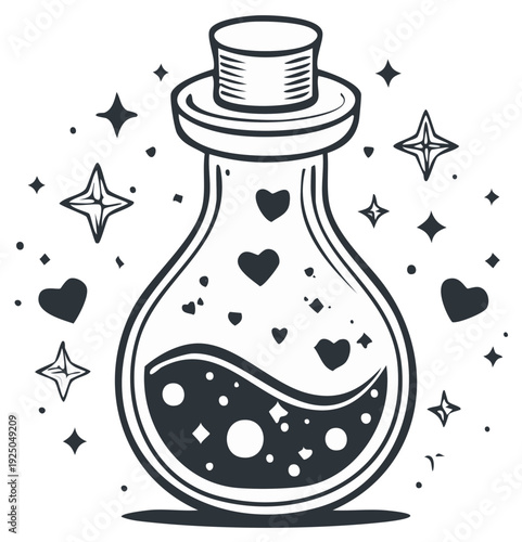 Whimsical potion bottle filled with sparkling hearts and stars magical elixir art