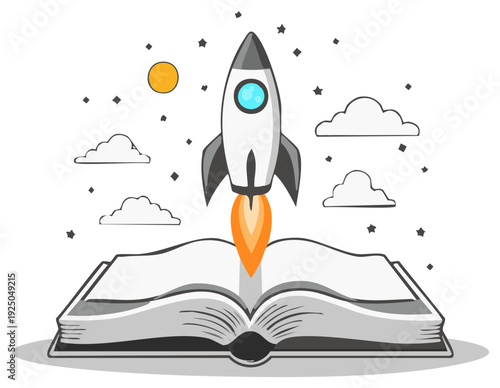 Rocket Ship Launching from Open Book in Space Cartoon Illustration Education and Imagination Concept