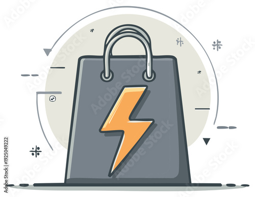 Shopping bag with lightning bolt emblem in minimalist graphic style. Commerce concept.