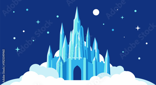 vector illustration of mystical blue castle floating on cloud under starry night sky
