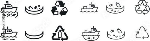 Illustrating the importance of cleaning oceans, images depict a boat collecting trash, recycling symbols, and a representation of marine life, promoting environmental conservation efforts.