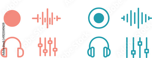 Various icons depict musical elements such as a circular dot, sound wave patterns, a pair of headphones, and volume sliders, illustrating concepts related to audio and sound.