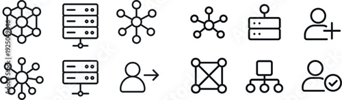Various network topology and server structure concepts are illustrated with minimalist line drawings. The designs depict connection patterns and server configurations for digital communication.