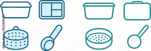 Various kitchen utensils and containers are arranged for cooking activities.
