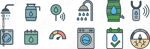Different icons illustrate important aspects of water usage and conservation, including a shower, water barrel, meter, washing machine, calendar, and gauge, promoting awareness and sustainability.